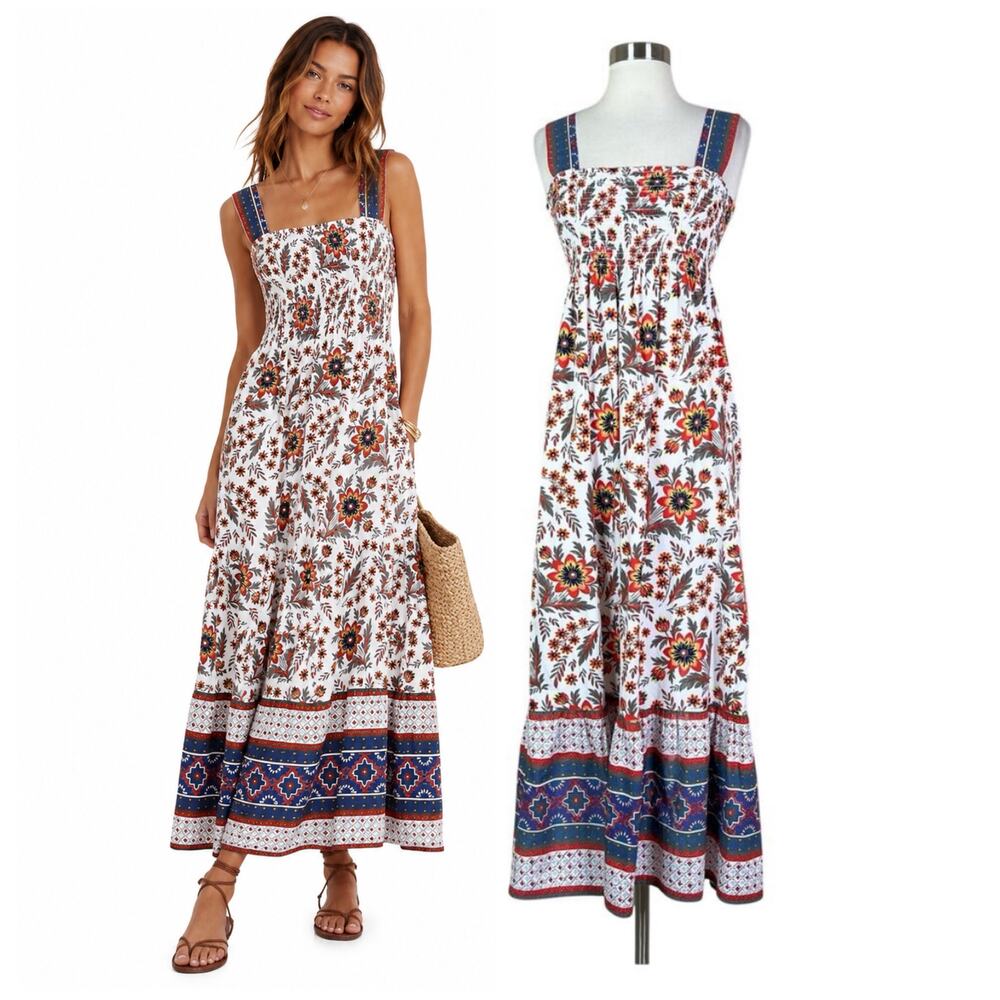 Joie | Chisuzu Floral Print Smocked White Blue Red Cotton Summer Maxi Dress XS